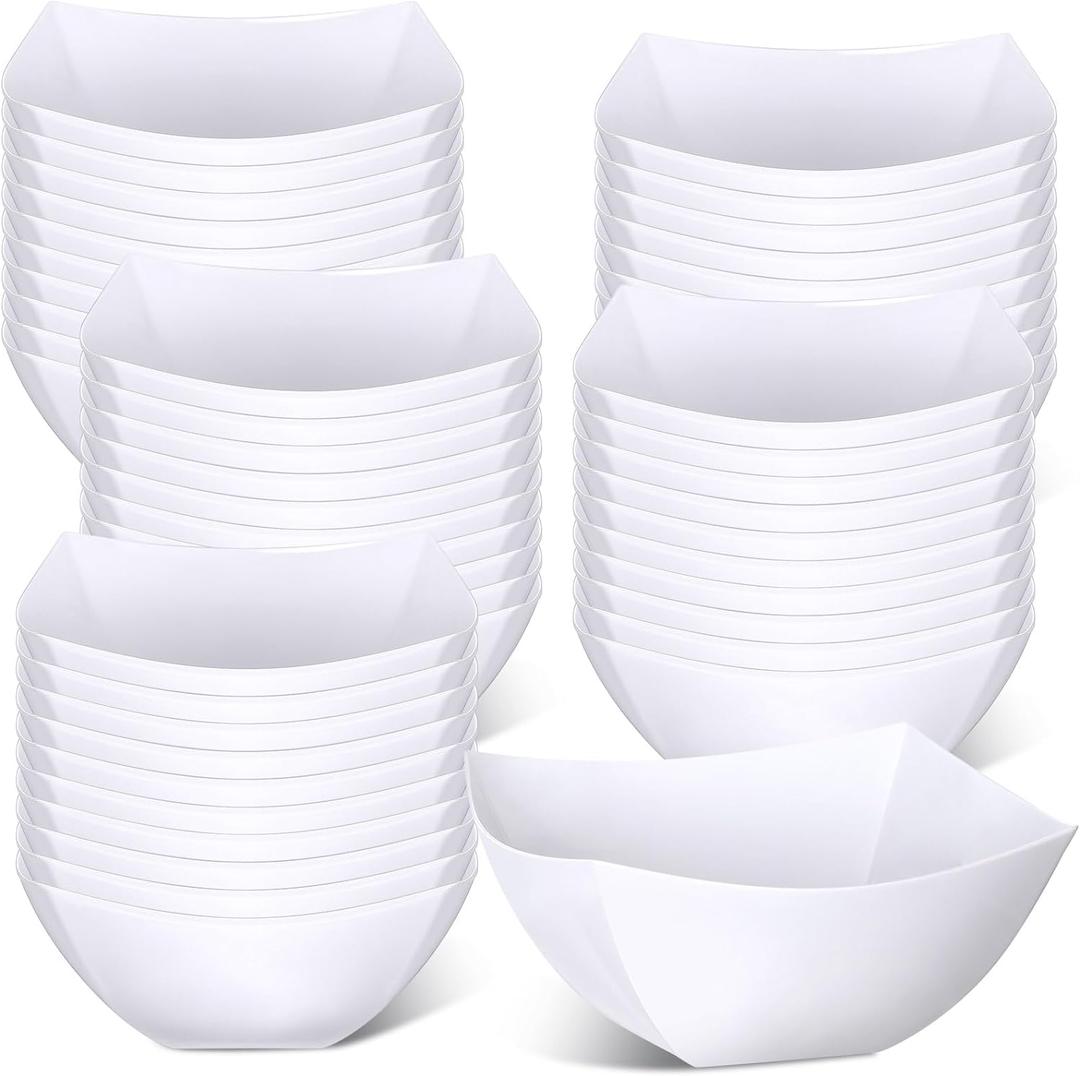 Tanlade 50 Pcs Square Plastic Serving Bowls Disposable Snack Salad Bowl Small Party Candy Bar Containers Taco Bar Serving Dishes for Buffet Chips Fruit(White,8 oz) (8 oz, White)