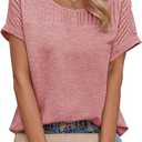 Dokotoo Summer Tops for Women Trendy 2025 Fashion Oversized Round Neck Cap Short Sleeve Solid T Shirts for Women Cozy Basic Casual Pleated Loose Fit Womens Clothes Womens Tops Resort Wear Pink Large