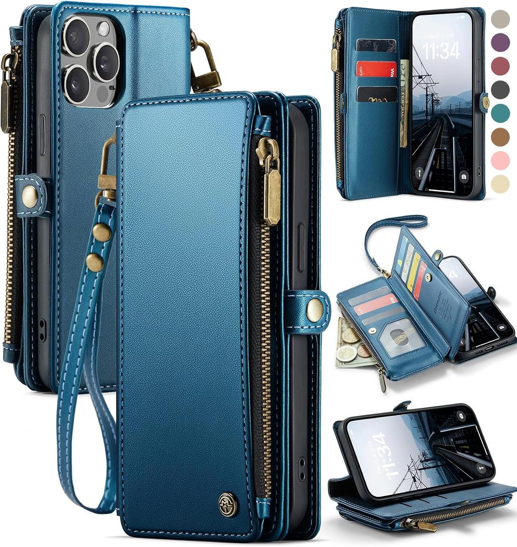 Defencase Compatible with iPhone 14 Pro Max Case Wallet with RFID Blocking Card Holder for Women Men, PU Leather Magnetic Snap Flip Zipper Strap Wallet Phone Case Fit for iPhone 14 Pro Max, Dark Blue