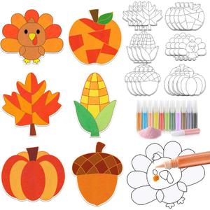 24 Sets Fall Sand Art Crafts for Kids Autumn Maple Leaf Pumpkin Turkey DIY Painting Crafts Kit with Colored Sand and Brushes for Fall Thanksgiving Home Party Activities