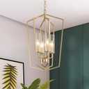 Gold Dining Room Chandelier with 4-Light Lantern Pendant Lights, Adjustable Height Modern Foyer Chandelier with Seeded Glass Shades