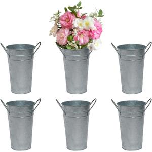 6 Pcs 12 Inch Galvanized Metal Vases Farmhouse French Tall Flower Bucket with Handles Metal Floral Container Vintage French Flower Containers for Party, Wedding Table Centerpiece Decorations