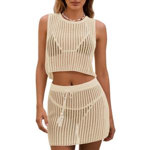 Fisoew Womens 2 Piece Crochet Sets Sleeveless Crop Tops Cover Up Beach Mini Skirt Outfits Vacation Sets (Beige, L)