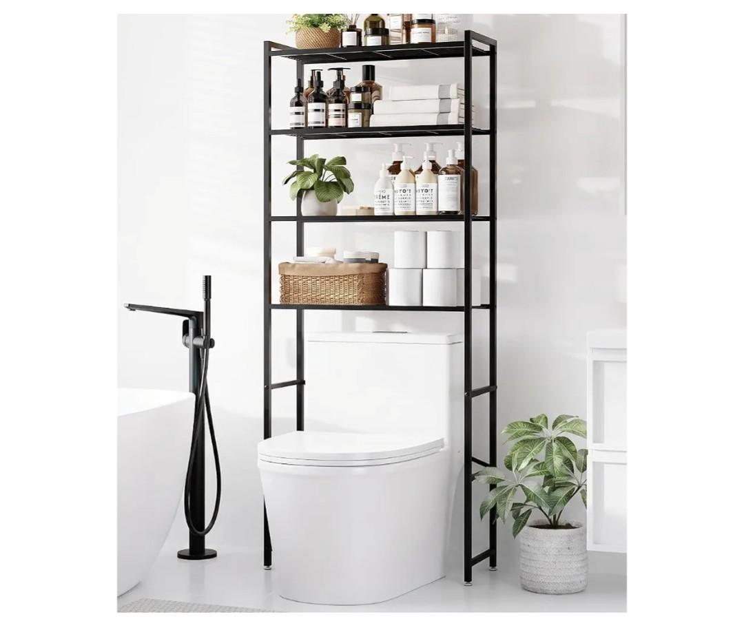 4-Tier Over The Toilet Storage Rack, Bathroom Organizer with One-Piece Metal Mesh Shelves, Over Toilet Shelf with Adjustable Feet & Anti-Tip Kit, Space-Saving Bathroom Storage, Black