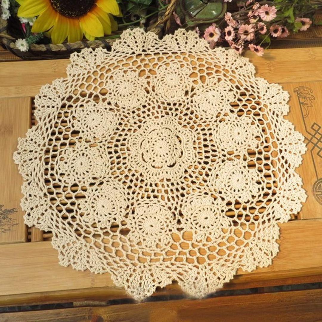 Damanni Beige Cotton Handmade Crochet Lace Tablecloth Doilies Table Overlay,Round,16 Inch,2PCS