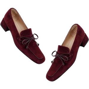 MOOMMO Women Chunky Low Heel Loafers Bow Suede Slip On Closed Square Toe Loafer Shoes Oxfords Comfy 1 Inch Block Heels Dress Shoes Pumps Office Work Pumps Vintage Retro Comfy 4-11 M US (9.5, Wine Red)