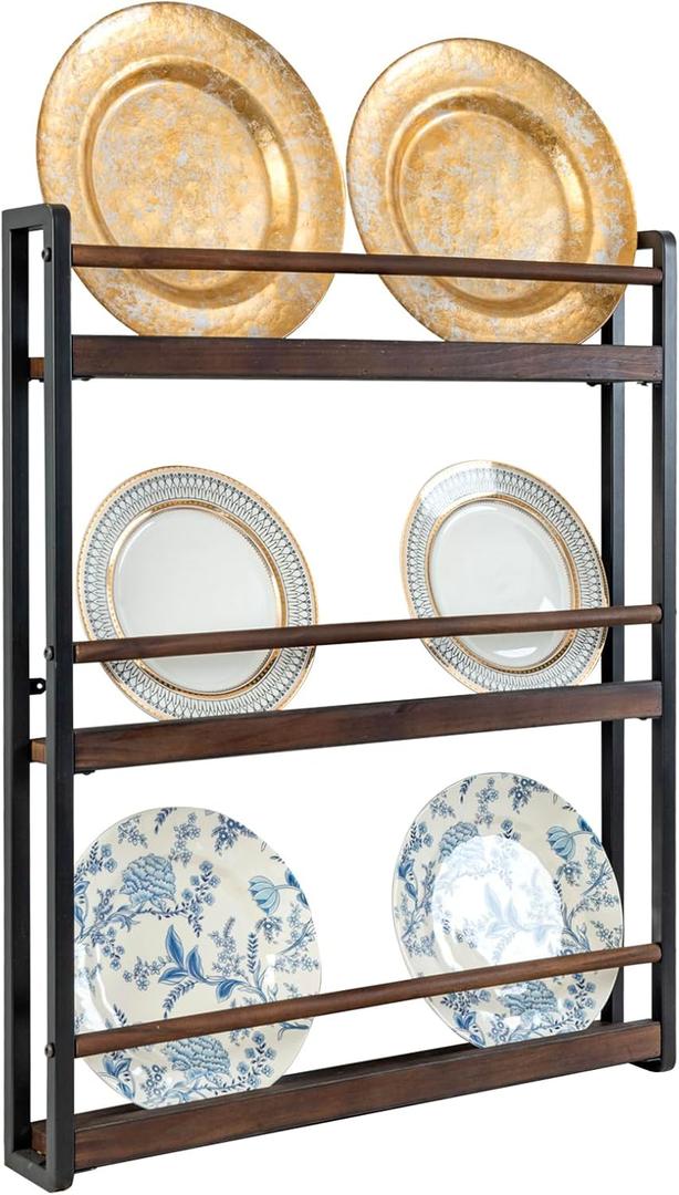 MyGift 3-Tier Wall Mounted Plate Display Rack  Industrial Matte Black Metal & Dark Burnt Wood Storage for 6-10 Inch Plates, Decorative Plate Holder for Kitchen or Dining Room