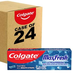 Colgate MaxFresh Cool Mint Toothpaste, Travel Size Toothpaste for Bad Breath with Fluoride and Hundreds of Mini Breath Strips, Leaves Mouth Feeling Refreshed for Hours, Fights Cavities, 1.0 oz