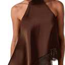 Y2k Halter Top Tank Asymmetrical Hem Satin Lace Trim Classy Going Out Tops Sleeveless Mock Neck Tops for Women (Brown, S)