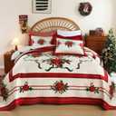 Cmfshape Velvet Christmas Quilt King Size-Cream Bedspread Comforter with Poinsettia Design-Soft Lightweight Coverlet&Bedding Set-106"x96" (Red)