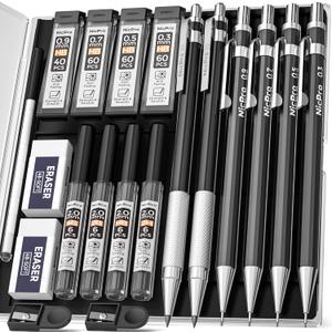 Nicpro 6 PCS Art Mechanical Pencil Set, Black Metal Drafting Pencil 0.3, 0.5, 0.7, 0.9 mm & 2PCS 2mm Graphite Lead Holder(4B 2B HB 2H) For Writing Sketching Drawing With 8 Lead Refills Eraser Case