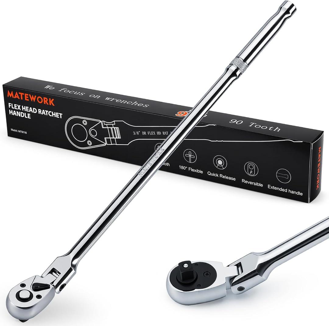 Matework 3/8" Drive Flex Head Ratchet Wrench, 17-Inch 90-Tooth Long Handle Ratchet with Quick Release and Reversible Switch, CR-V Steel, 180° Swivel Head Ratchet for Automotive, Home and DIY Repair