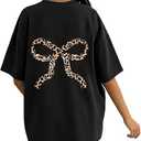 RoseSeek Girl's Bow Leopard Graphic Tees Short Sleeve Preppy Summer T Shirt Aesthetic Baggy Tops Leopard Black 11Y