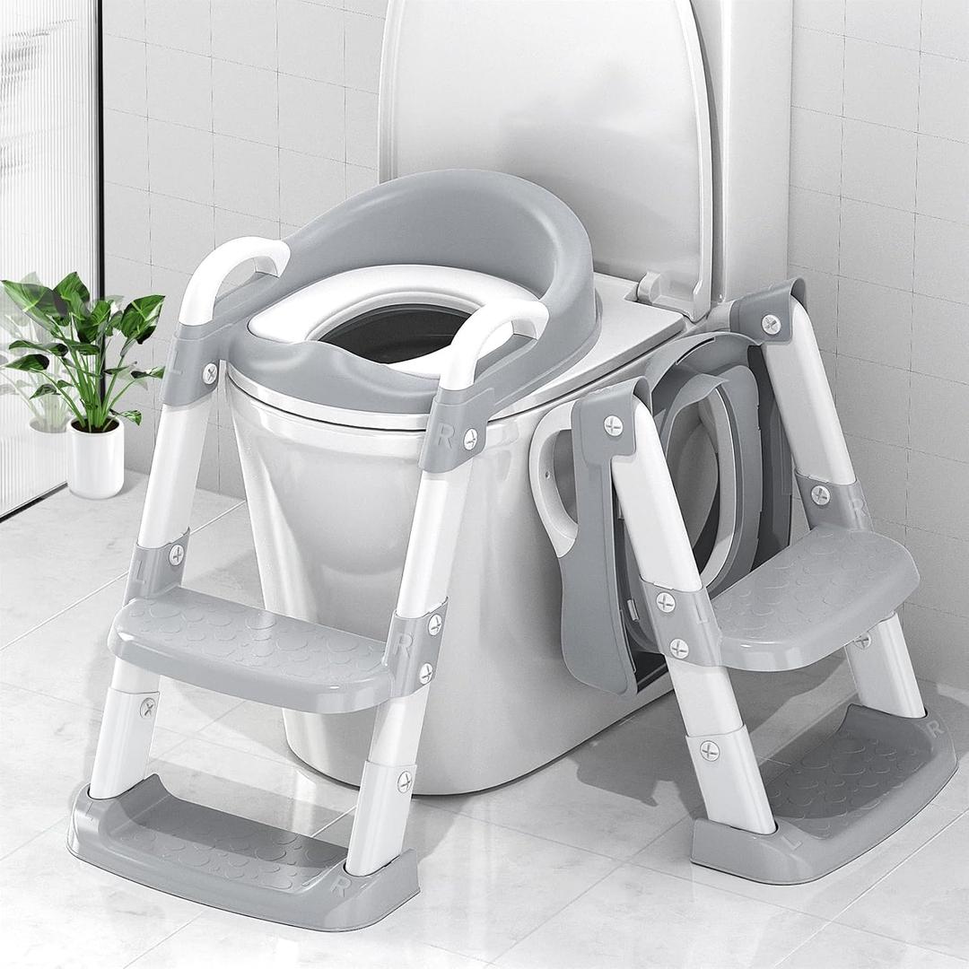 Potty Training Seat with Step Stool Ladder, Toddler Potty Training Toilet for Boys Kids, Potty Chair Adjustable Potty Seat for Toilet with Anti-Slip Wide Steps Splash Guard Safety Handles (Grey)