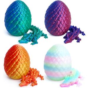 4 Pack 3D Printed Dragon Easter Basket Stuffers, Small Eggs with Dragon Inside, Articulated Crystal Dragon Fidget Toy, Desk Pet, 3D Printing Home Decor (Blue+White+Green+Glow in The Dark)