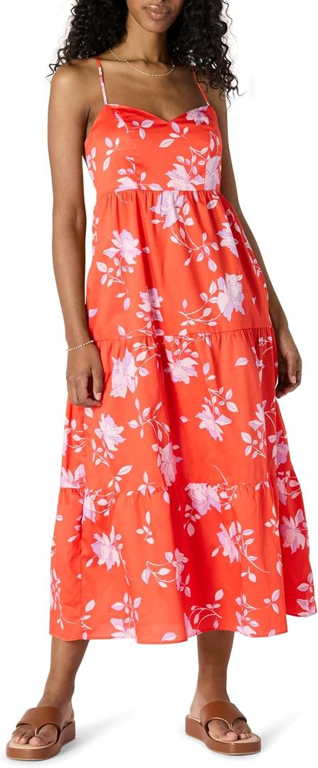Amazon Essentials Womens Fit and Flare Empire Waisted Cotton Sateen Tiered Maxi Dress (Small, Orange Pastel Lilac Roses Big)