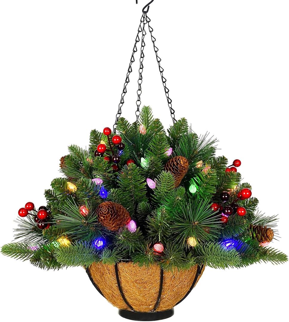 18 Inches Pre-lit Artificial Christmas Hanging Basket with Red Berries, Pine Cones,40 C3 Dual-Color Multi-Functional Battery Operated LED Lights with Timer
