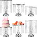 Bokon 6 Pcs Crystal Cake Stand Round Dessert Cupcake Holder Metal Stand Table Cake Pedestal with Crystal Pendant Wedding Bead Dessert Cupcake Pastry Display Plate for Wedding Birthday Party (Silver)
