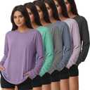 Kinglaman 6 Pack Women's Long Sleeve Workout Dry Fit Shirts, UPF 50+ Rash Guard SPF UV Sun Protection Swim Tee Shirts (L)