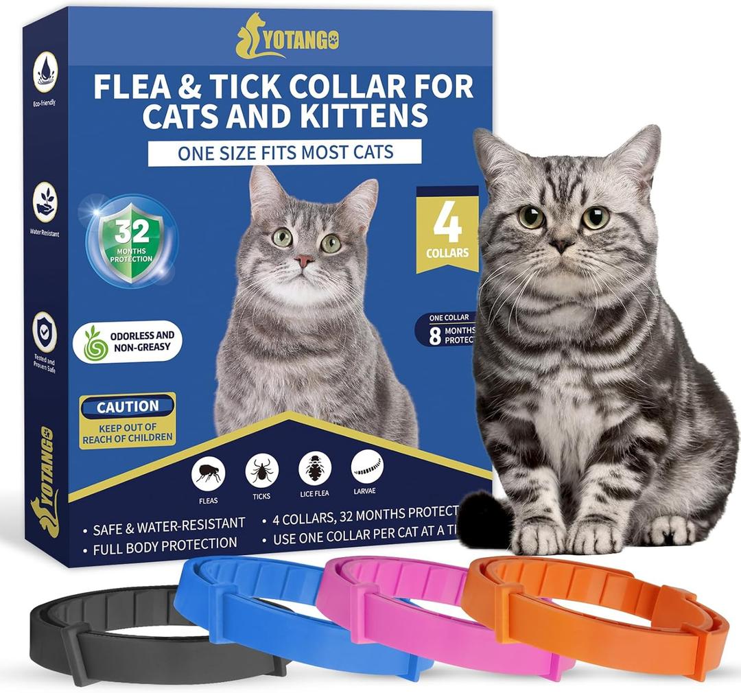 4 Pack Flea Collar for Cats, 32 Months Flea and Tick Prevention for Cats, Waterproof Cat Flea Collar, Natural Cat Flea and Tick Treatment, Adjustable Flea and Tick Collar for Cats Kittens(4 Colors) (Black&Blue&Orange&Pink)