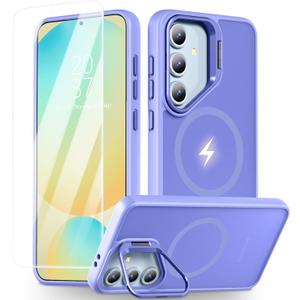 for Samsung Galaxy S24 FE Case [Compatible with Magsafe] [9H Glass Screen Protector] [Metal Camera Lens Stand] Translucent Matte Back Skin-Touch Phone Cover Case for Galaxy S24 FE
