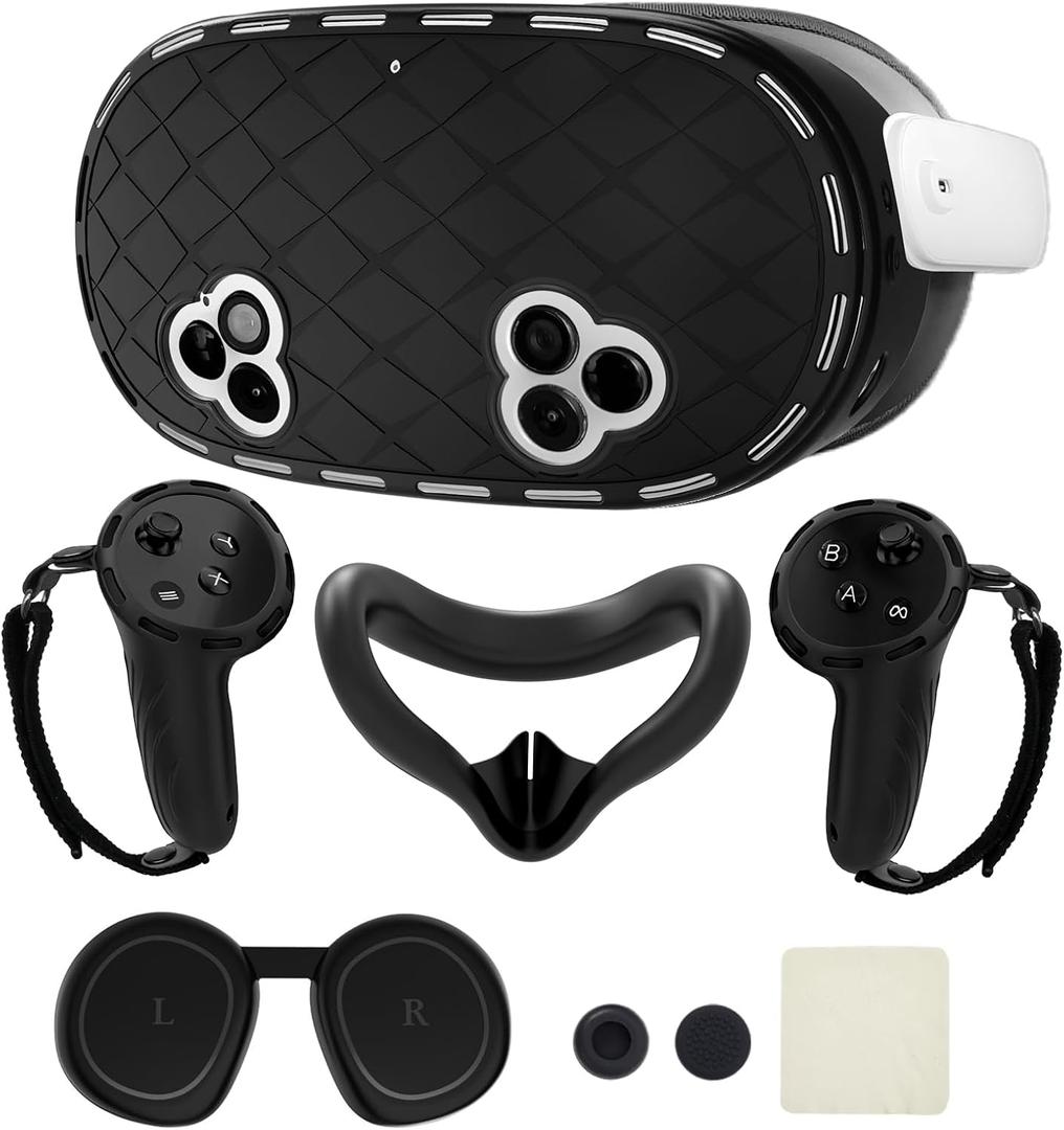 8-in-1 Silicone Cover Set for Meta Quest 3s Accessories, Juylay VR Protective Cover Accessories for Oculus Quest 3S with Facial Interface, Shell Cover, Controller Grip Cover, Joystick Caps, Black