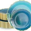 Exquisite Tinted Plates 80-Piece Plastic Disposable Party Set for 40 Guests - 40 X 7.5 Dessert Plates & 40 X 10 Thin Delicate Fancy Dinnerware with Peacock Gold Rim