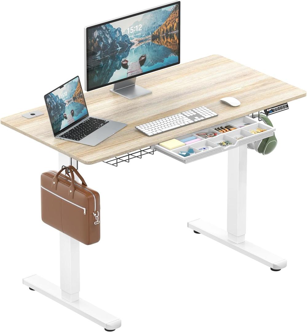 SHW 48-Inch Electric Height Adjustable Standing Desk with Drawer, Memory Preset and Cable Management Tray, Maple