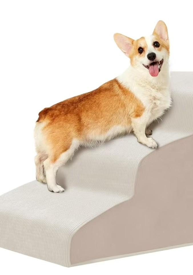 Dog Stairs for Small Dogs 19.7”H,Checked Flocking Fabric,with Cushioning Support Layer,4-Step Dog Steps for High Bed,Couch,Sofa and Chair,Non-Slip Balanced Pet Ramp Indoor, Beige