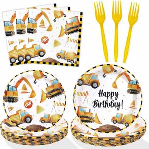 Construction Theme Birthday Party Decorations Plates Set 25 Guests,100 Pcs Plates Napkins Forks Boys Kids Construction Excavator Birthday Party Supplies