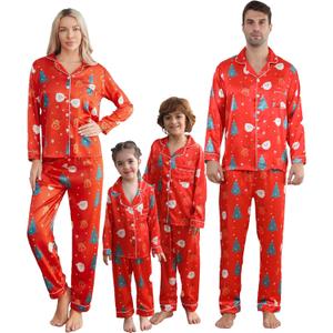 Matching Family Christmas Pajamas Set, Silk Satin Long Sleeve Button Down Comfy Loungewear for Couples, Men, Women (Red, L)