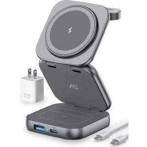 Wireless Charger for MagSafe, AC Island 5-in-1 Portable Travel Charging Station, 15W Max Fast Foldable Magnetic Stand, Evolved for iPhone 16/15/14/13 Series, Apple Watch, AirPods (with 35W Adapter)