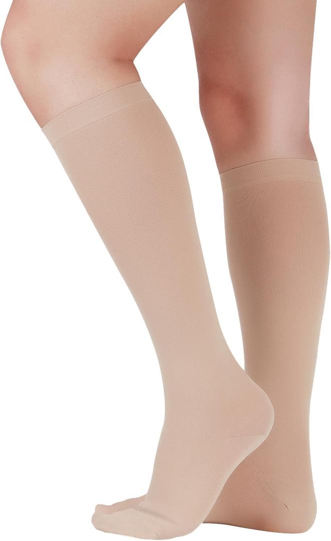 LIN PERFORMANCE Compression Socks for Women & Men 20-30 mmHg Closed Toe Knee High for Varicose Vein Circulation Recovery (L,Beige)