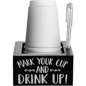 Party Cup Holder with Marker Slot - Wooden Mark Your Cups & Cup Dispenser for Parties, Farmhouse Decor, Home & Bar (Black, 5.7"x5.7"x2.95")
