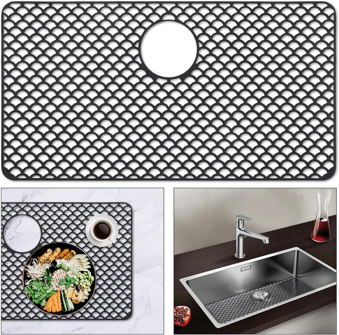 Sink Protectors for Kitchen Sink, Large 28.4" x 15" Silicone Sink Mats for Bottom of Farmhouse Stainless Steel Porcelain with Rear Drain Hole for Sink Bowl | Heat-resistant | Easy-clean | Black