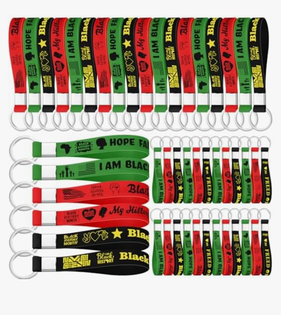 Equsion 96 Pcs Black History Month Party Gifts Bulk Black History Month Favors Stuffers Silicone Keychains Keyrings Freedom Day Decorations American African Celebration Party Supplies
