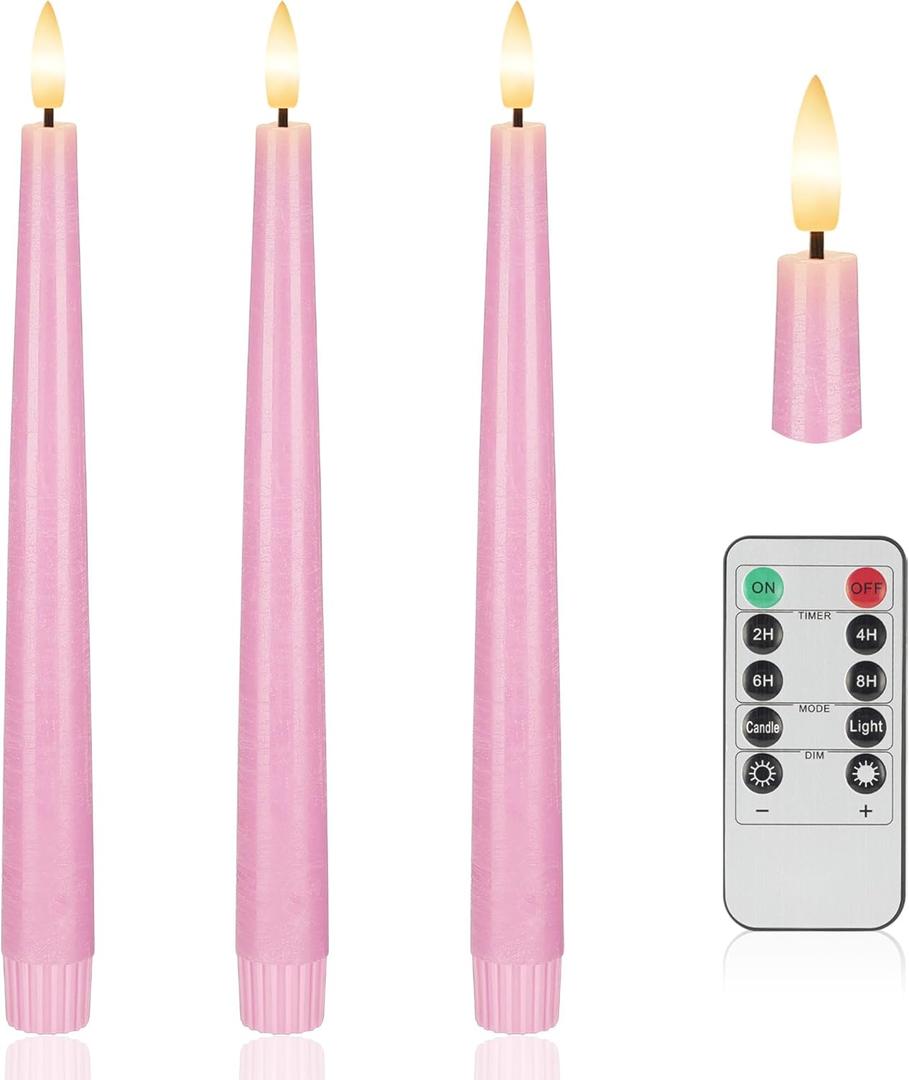 Pink Flameless Taper Candles, 9.6" Battery Operated Candles with Remote, Real Wax Led Candle, Flickering Flameless Candlesticks for Home Party Wedding Romantic Night Decor