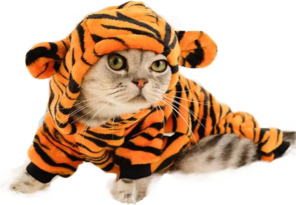 Dog Tiger Halloween Costume Cat Hoodies with Bunny Ears and Tail Puppy Warms Hooded Coat Pet Winter Clothes for Small Medium Dogs Kitten Kitty (Orange, X-Small)