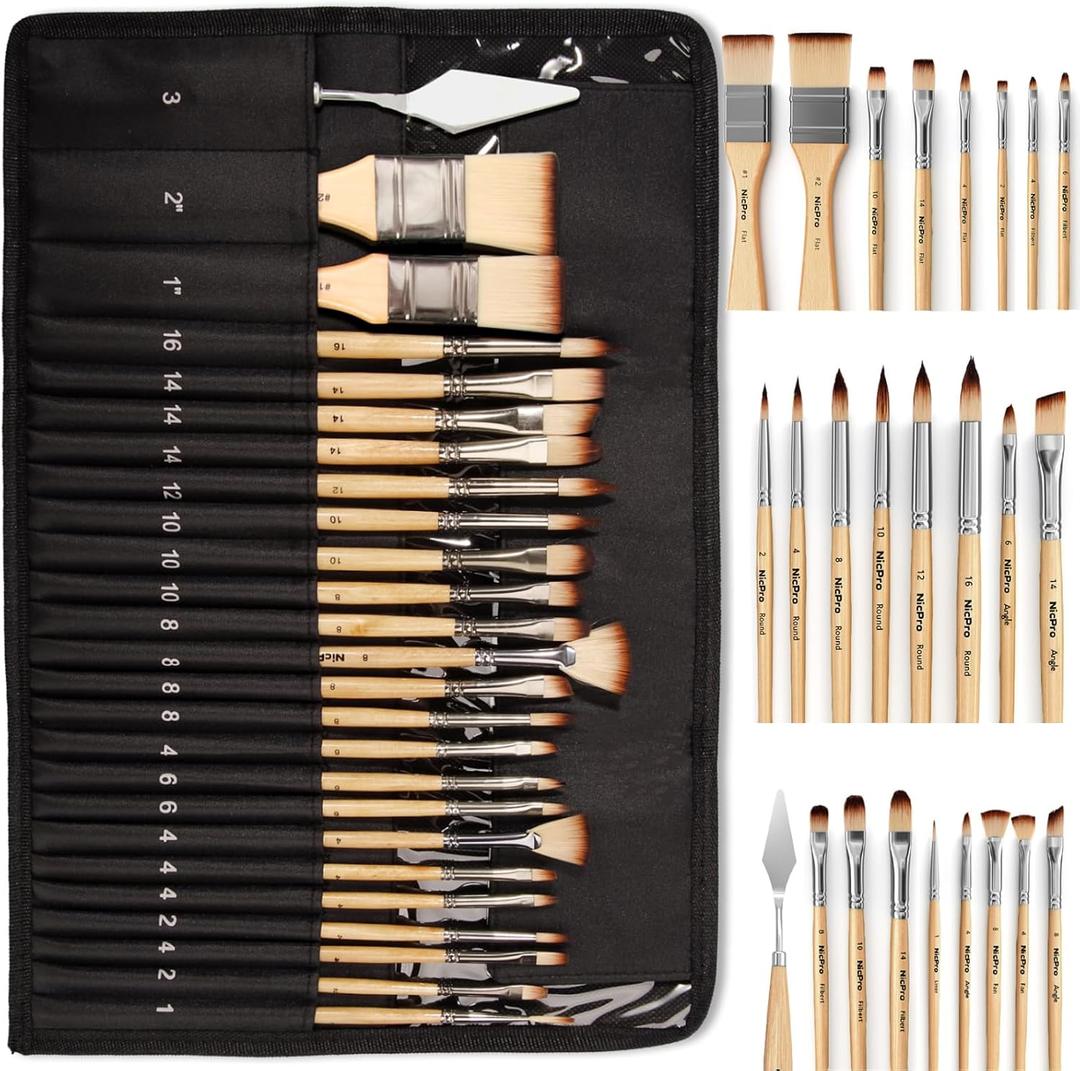 Nicpro 26pcs Paint Brush Set, Professional Paintbrushes with Palette Knife and Cloth Roll, Artist Paint Brushes for Acrylic Painting, Oil, Watercolor & Gouache, Adults Art Painting Tools Supplies (Burlywood)