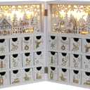 Christmas Wooden Advent Calendar Book with LEDs White & Gold Christmas Reindeer Countdown Holiday Gifts with 24 Drawers Adults Kids Home Decoration (White&Gold)