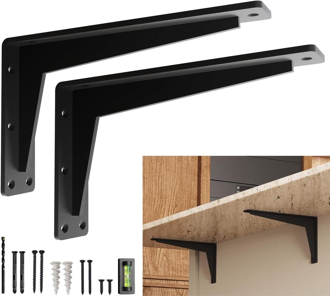 2 Pack Heavy Duty Shelf Brackets 12 Inch Mantel Decorative L Bracket for Shelves, Metal Shelf Support Bracket, Wall Mounted Granite Countertop Iron Corbels, Floating Black Shelving Brackets