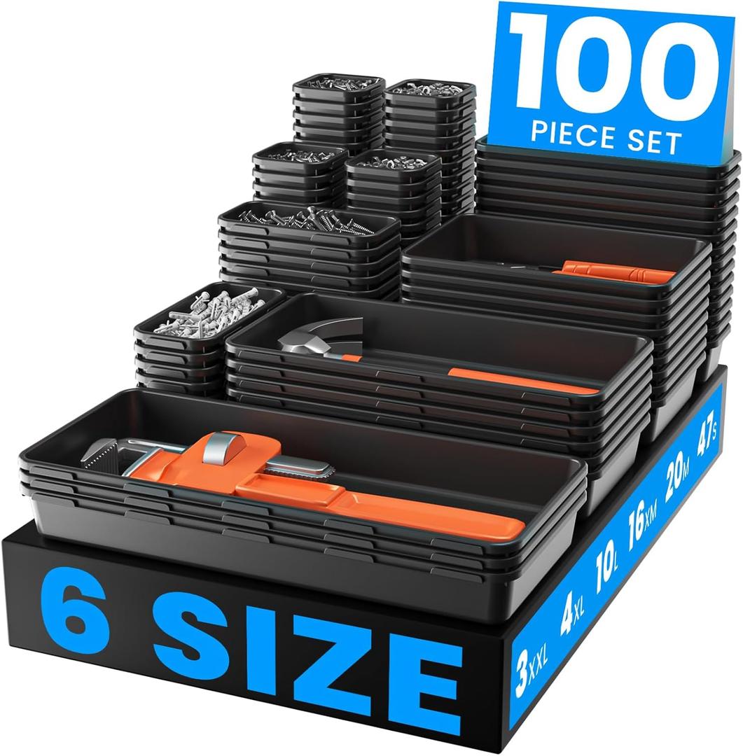 A-LuGei 【𝟲 𝗦𝗜𝗭𝗘 & 100PCS】 Tool Box Organizer Tray Set【Fits 100+ Tools】 Black Plastic Drawer Divider Desk Drawer Organizer Garage Organization for Rolling Tool Chest Cart Workbench Office Storage