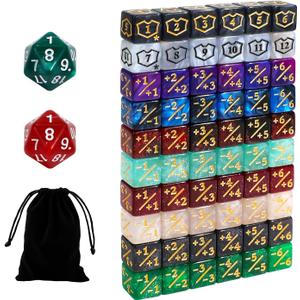 62PCS 12mm MTG Dice Set with Plus 1 Life Counter & Shield & Spindown Dice in 10 Colors for Magic The Gatering, Compatible with CCG Creature Stats TCG Magic Card Gaming Accessories