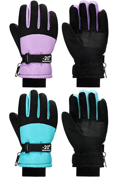 SATINIOR 2 Pairs Kids Waterproof Winter Snow Gloves Ski Gloves for Boy Girl Outdoor Warm Thickening Snowboard(Light Purple, Cyan,8-12 Years)