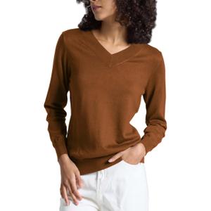 Bgklfeo Women's Long-Sleeve Pullover Lightweight Soft V-Neck Casual Sweater Top Brown, XL