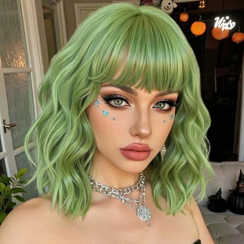 Amazon.com : Miuric Green Wigs for Women Short Bob Wig with Bangs Lime Light Green Hair Funny Colorful Crazy Party Wavy Shoulder Length Synthetic Wig for Halloween Girl Cosplay Costume : Beauty & Personal Care