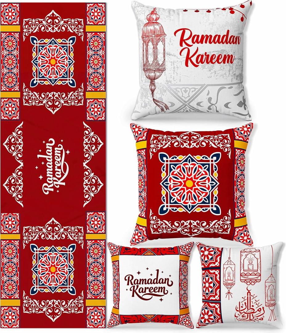 OLEEK Ramadan Decorations for Home 2026 Set -4 Ramadan Pillow Covers 20x20 & Ramadan Table Runner - Ramadan Table Decor - Ramdan Decor - Ramadan Decorations for Table - Ramdan Gifts