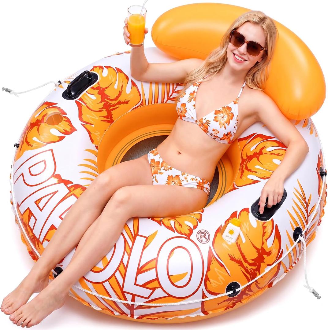 River Tubes for Floating Heavy Duty, 53" Inflatable Pool Floats Adult, Water Tube with Mesh Seat, Full Support Headrest, 2 Cup Holder, 450lb Capacity - Ideal for Pool, River, Lake Float