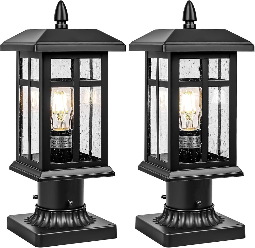2 Packs Outdoor Post Light, Black Pole Lantern Lighting Fixture with Pier Mount Base Hard Wired, Outdoor Column Lights Exterior Lamp Post Lantern with Glass for Garden Yard Patio Path