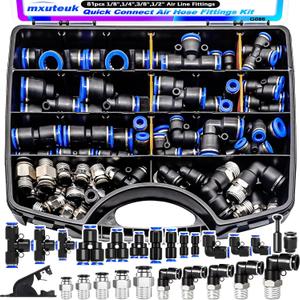 mxuteuk 81PCS Quick Connect Air Hose Fittings Kit,1/8",1/4",3/8",1/2" Push to Connect Fitting,Air Line Quick Connect Fittings,Quick Release Pneumatic Kit (Blue)